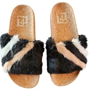 L4L Ace Black Blush Pink & White Faux Fur Slide Sandal 7